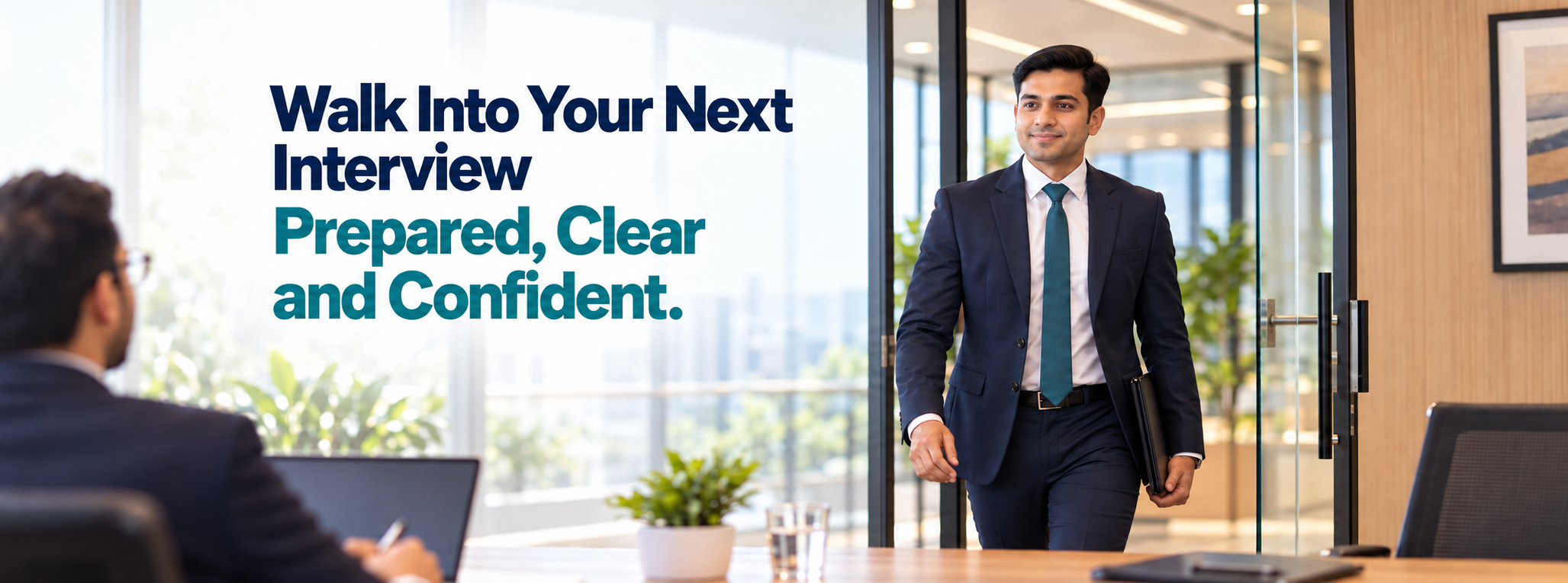 A clean-shaven Indian professional with neatly groomed hair confidently entering an interview room, with the headline Walk Into Your Next Interview Prepared, Clear and Confident.