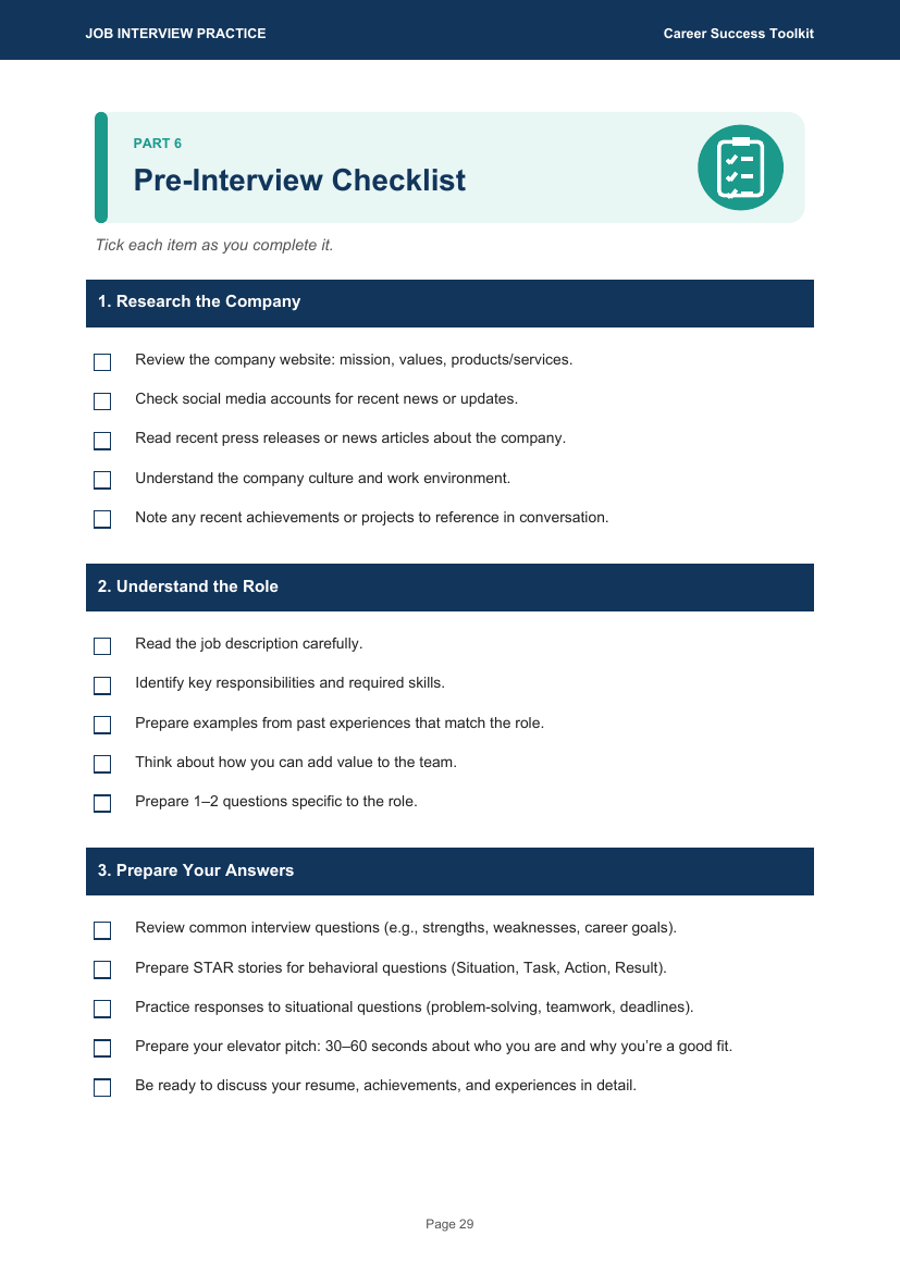 Pre-interview checklist sample page