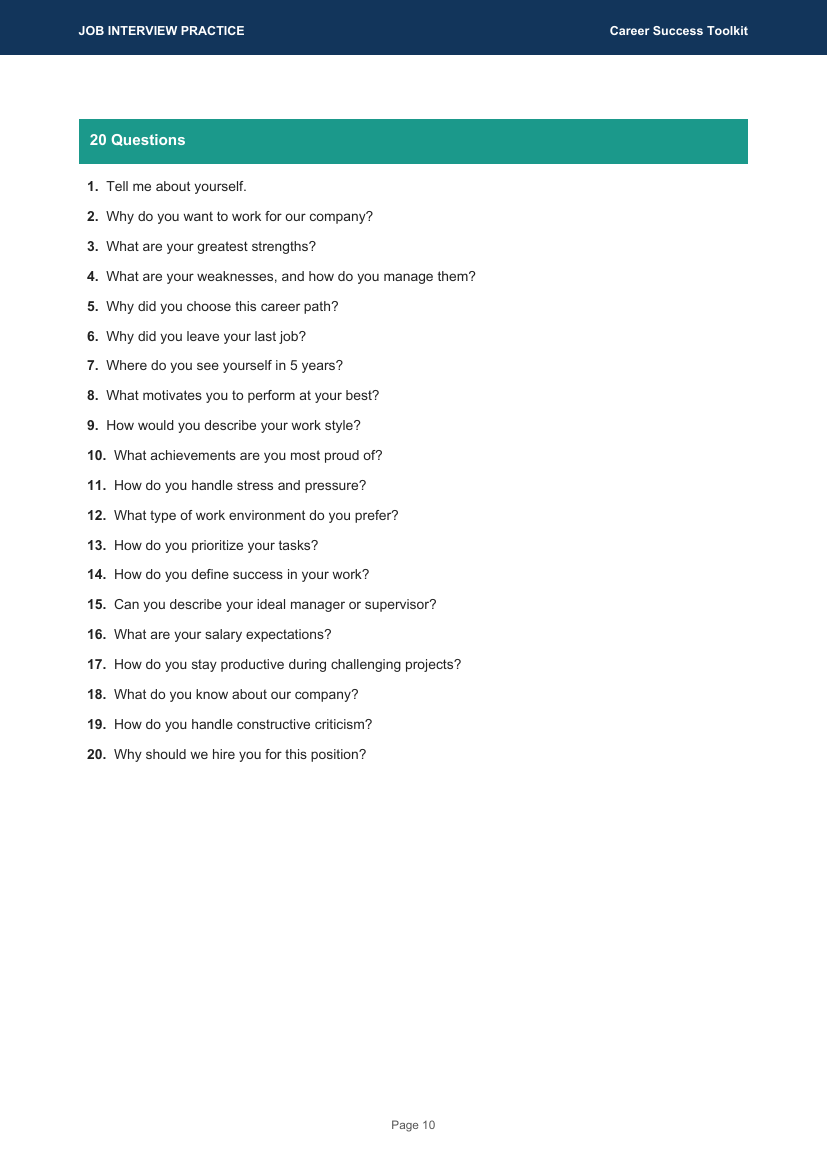 Page showing 20 general interview practice questions